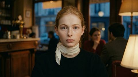 AI-generated creative starter showing a red-haired woman in a cafe